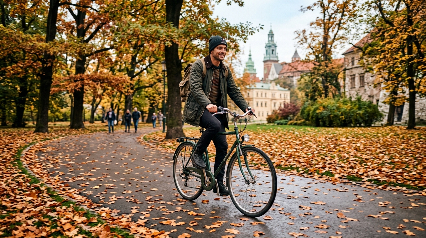 Mężczyzna jadący na rowerze przez zielony park miejski w porannym złotym świetle